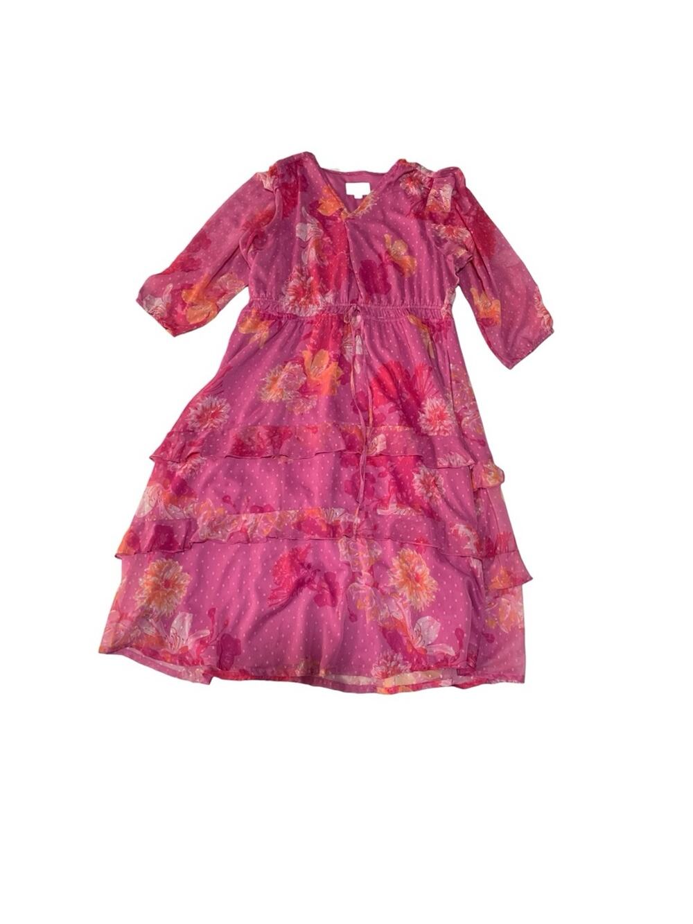 Destination 365 women's large Vibrant Pink Orange Floral Dress Swiss dot guest